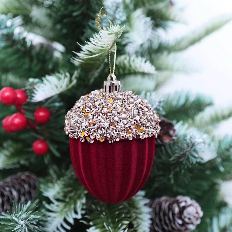 Wine Red Flocked Christmas Tree Ornaments: Various Shaped Hanging Decorative Balls for Holiday Scenery.