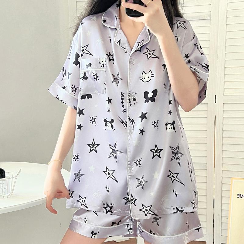 

Ice Silk Pajamas Women S Summer High-End Sense Small Love Letter Thin Loungewear Two-Piece Set Can Be Worn Outside 2XL