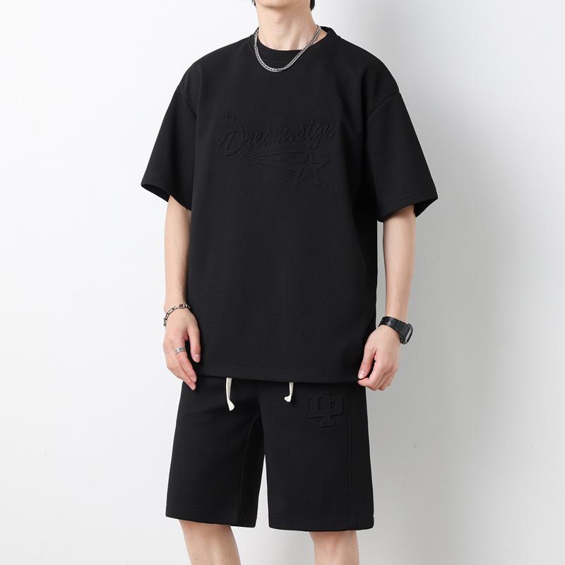 Souprava šortek s kulatým výstřihem Volný ležérní Jednobarevný Pánské tričko s krátkým rukávem Šortky Tenké