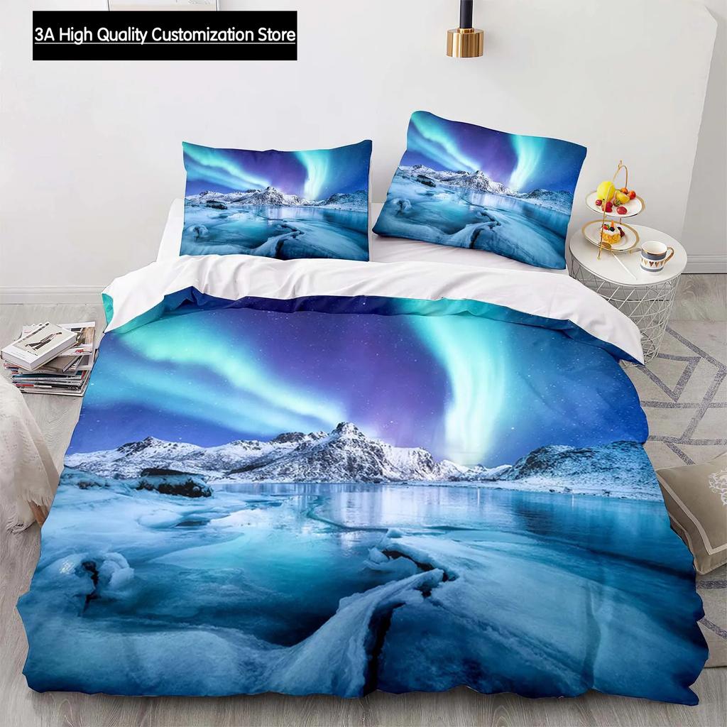 Landscape Duvet Cover Mountain Flowing Water Bedding Set Aurora Special Bedclothes with Pillowcases Teens Adults Women 200x200