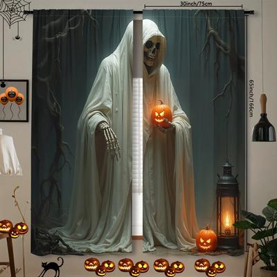 2pcs- Halloween Skeleton Ghost Pocopied Flower Curtains   Pole Bag Curtains   Home Decorations   Room Decorations
