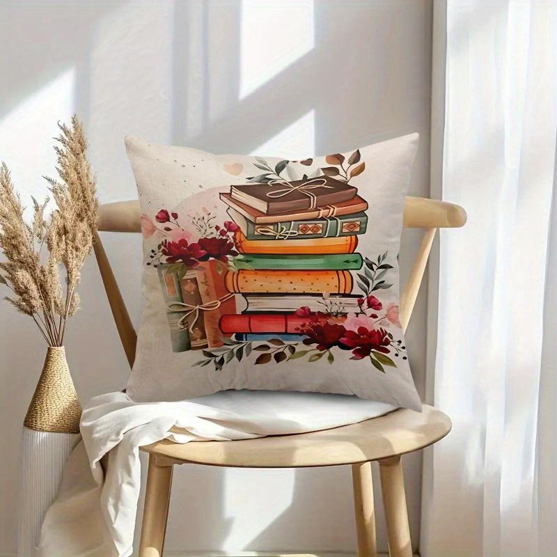1Pc Vintage Book Stack Floral Print Cushion Cover Polyester 2D Double-Sided Printing Pillow Cover For Sofa Bedroom Living Room B