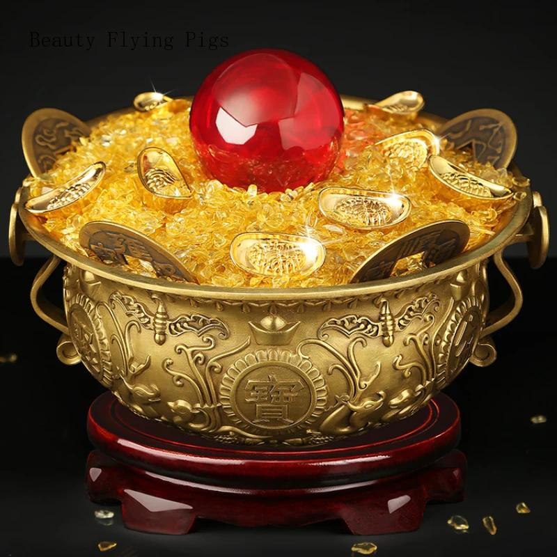Copper Treasure Bowl Ornament Solid Wood Base Absorb Wealth Living Room Home Decoration Feng Shui Housewarming Opening Gift