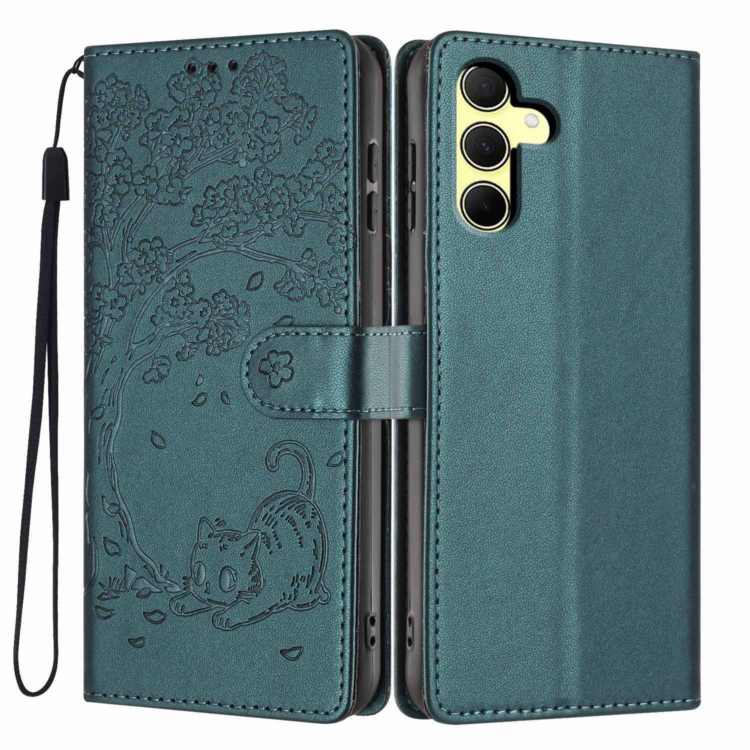 

For Samsung Galaxy A35 5G Stand Case Tree-and-Cat Pattern PU Leather Wallet Protective Phone Cover with Wrist Strap