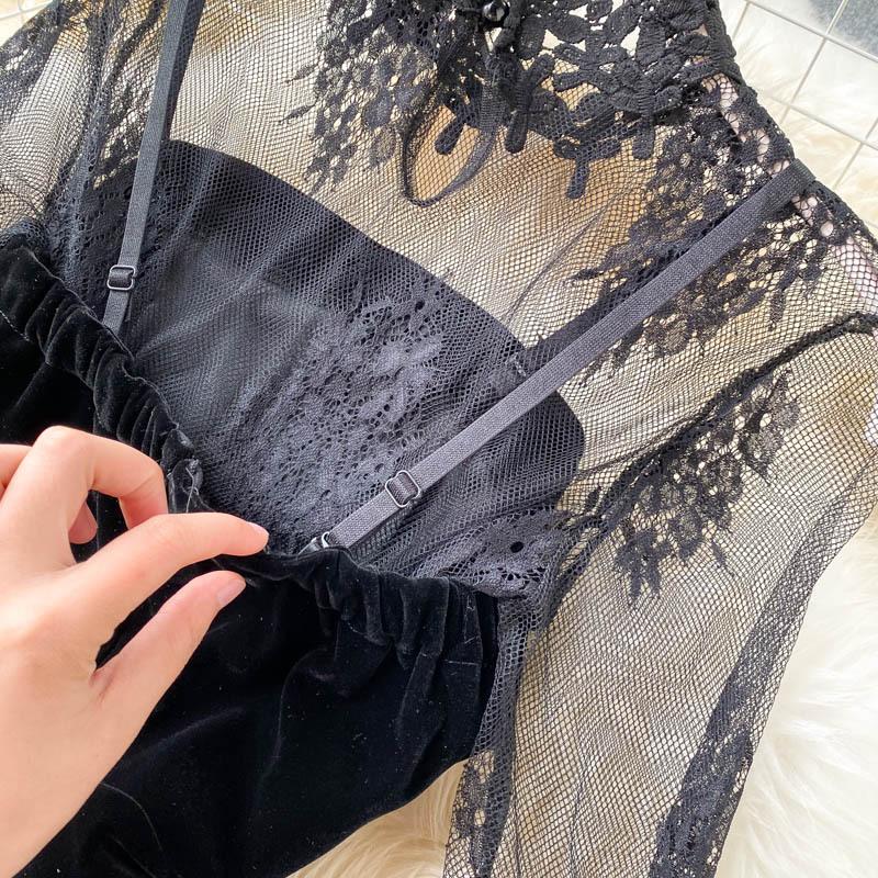 Two Picce Sets Slim Jumpsuits Spring Long Sleeve Lace Mesh Shirt Women Double Breasted Playsuits Ladies Bodysuit Suit