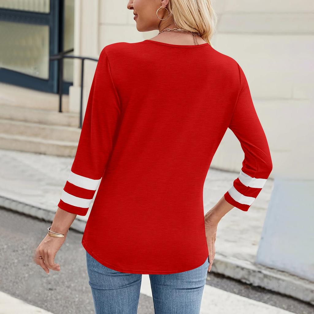Women's Casual, Fashionable And Trendy Two-tone V-neck Top