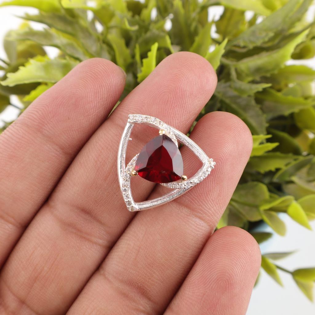 Red Garnet Gemstone Zircon Pendant 925 Fine Silver Handmade Jewelry Gift For Mom CZP-10- 13
