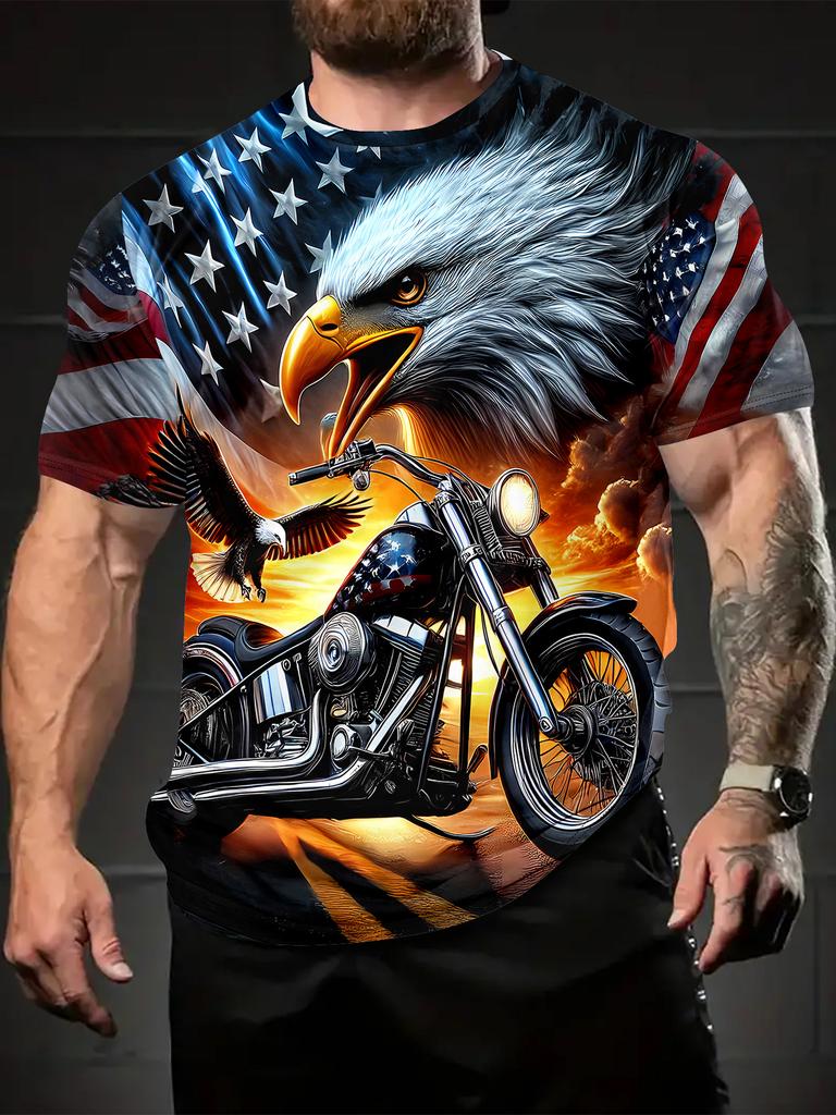 3D Eagle And Motorcycle Print Men'S Round Neck T-Shirt - American Flag Design, Summer Casual Wear for Outdoor Activities, Fitness, Running, And Gift