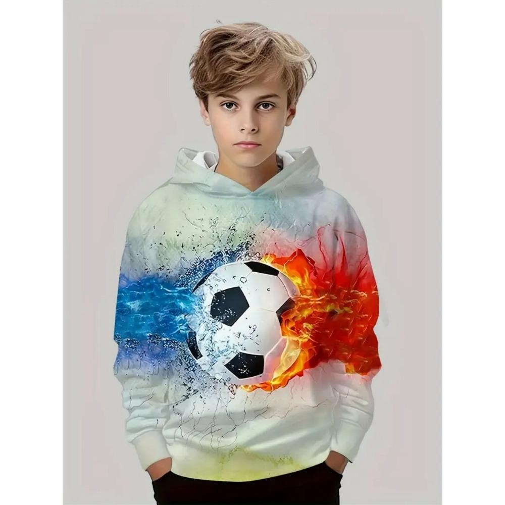 Boys' 3D Soccer Ball Harajuku Print Hoodie Casual Polyester Long Sleeve, Slight Stretch, Hooded Outdoors Sweatshirt for Running