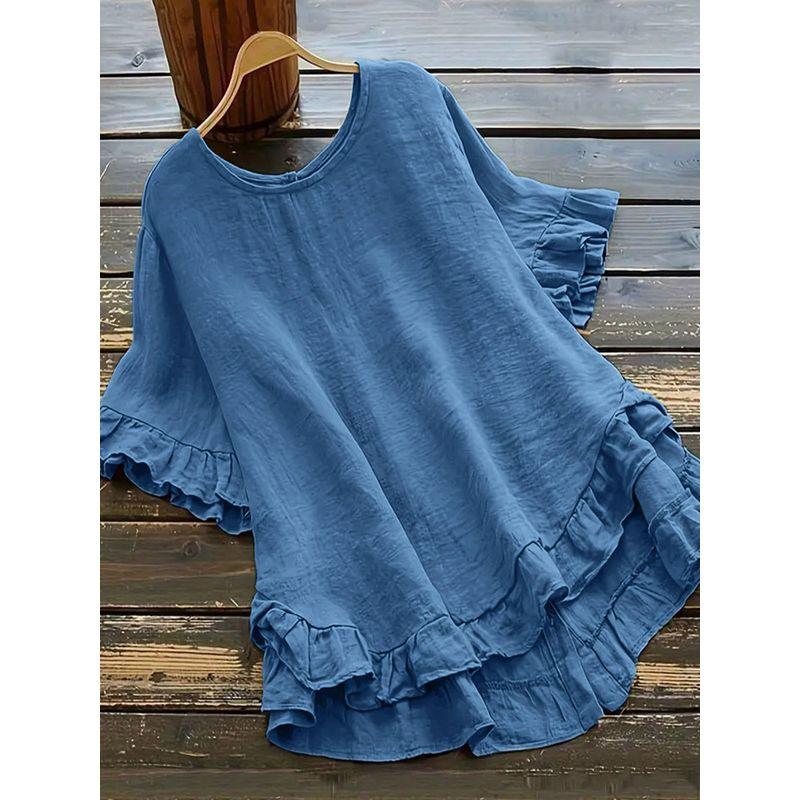 round Neck Solid Color Button Top for Women Women Solid Button Top
