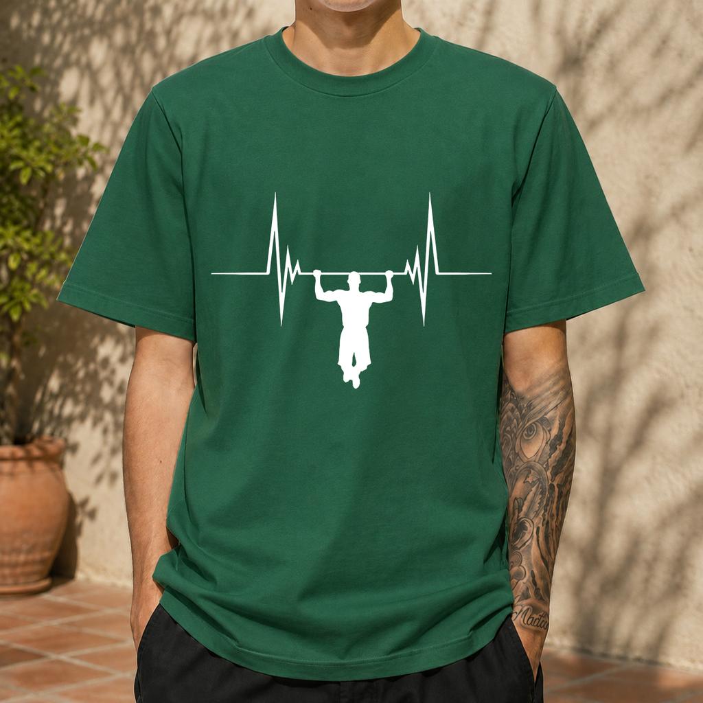 2026 New Cotton Tshirt Black Heartbeat Fitness Print Casual Short Sleeve