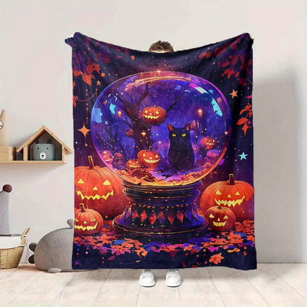 1pc Halloween Cat Blanket, Lightweight Flannel Throw Blanket for Sofa, Bed, Travel, Camping, Living Room, Office, Couch, Chair, and Bed