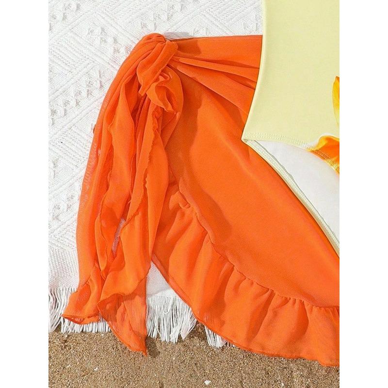 Badeanzug für Mädchen (Tween) mit Blumendruck, 2-teilig, Sommer-Badebekleidung für Urlaub & Strand, Kinder-Mädchen-Badeanzug, Farbe Orange, 8 Jahre bis 12 Jahre