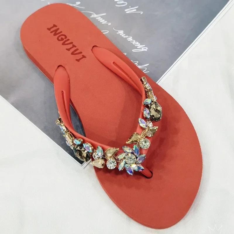 Fashion Slippers Women Glitter Flip Flops Summer 2025 Fashion Outdoor Rhinestone Chain Wedge Beach Slippers Jelly Hawaiian Flat Sandals