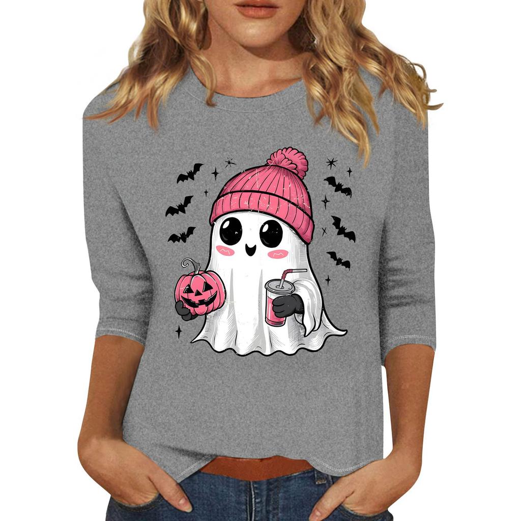 Women's Fashion Casual Three-Quarter Sleeve Halloween Print Round Neck T-Shirt Top