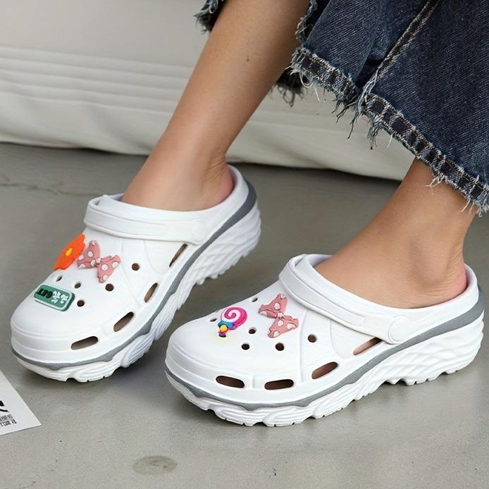 Women's Thick-Soled Height-Increasing Clogs with DIY Flower Bow Accessories, Non-Slip Wear-Resistant Lightweight Garden Shoes, Women Shoes