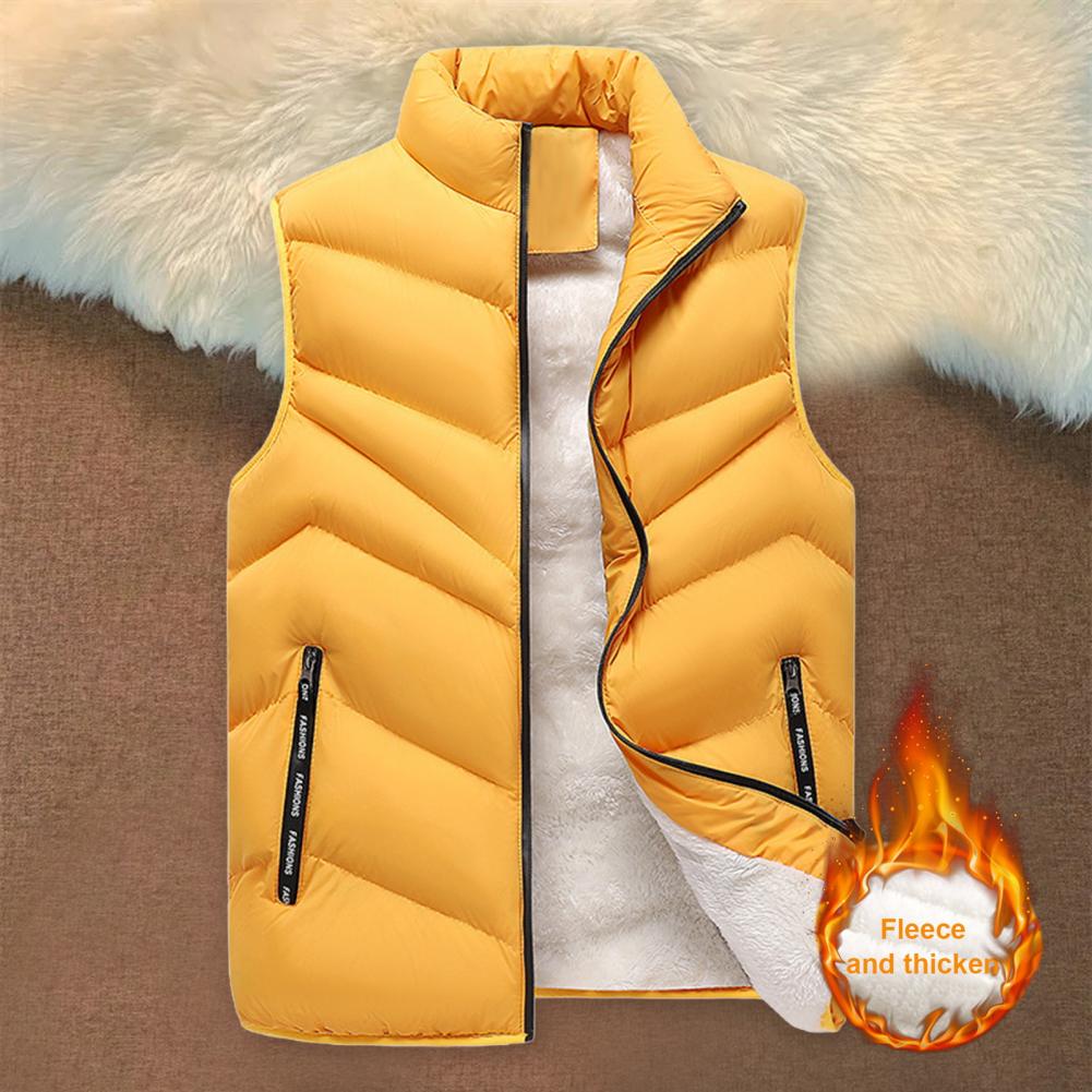 Cotton Waistcoat with Pockets Men's Stand Collar Sleeveless Cotton Vest with Plush Lining Zipper Placket Solid Color Waistcoat