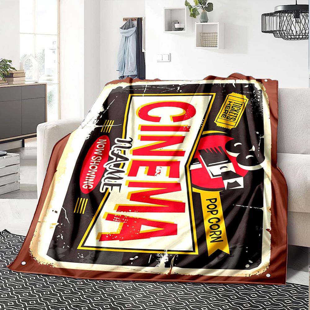 Retro Cinema Poster Design With Popcorn And Ticket Throw Customizable Blanket Personalized Name Soft Cozy Suitable For Sofa Couch Office Bed Picnics