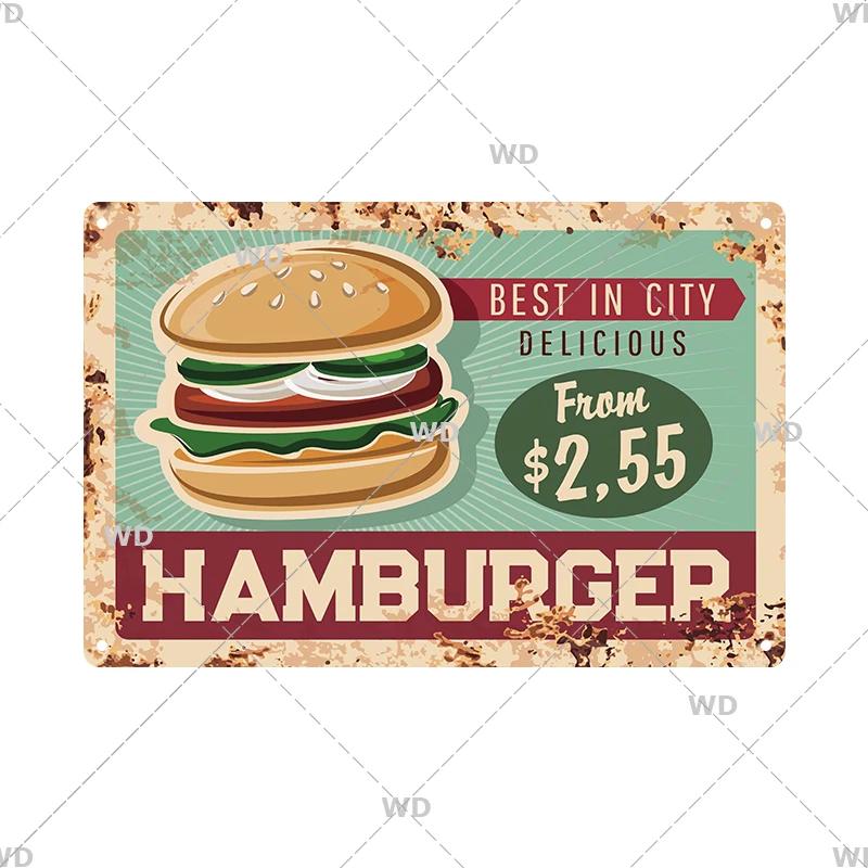 Panneau en étain pour hamburgers, frites, HotDogs, FastFood, Plaque métallique rétro Vintage, affiche en métal, Pizza BBQ pour décoration murale de cuisine
