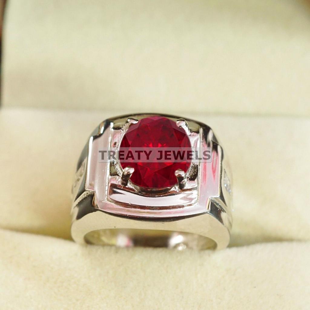 Ruby Oval Cut With 925 Sterling Silver Ring For Men's #B521 JL375684101995
