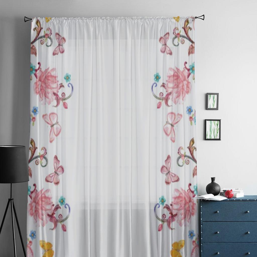 Floral Butterfly White Bay Window Screening Curtains Drape Panel Sheer Tulle For Living Room Bedroom Voile Organza Curtains