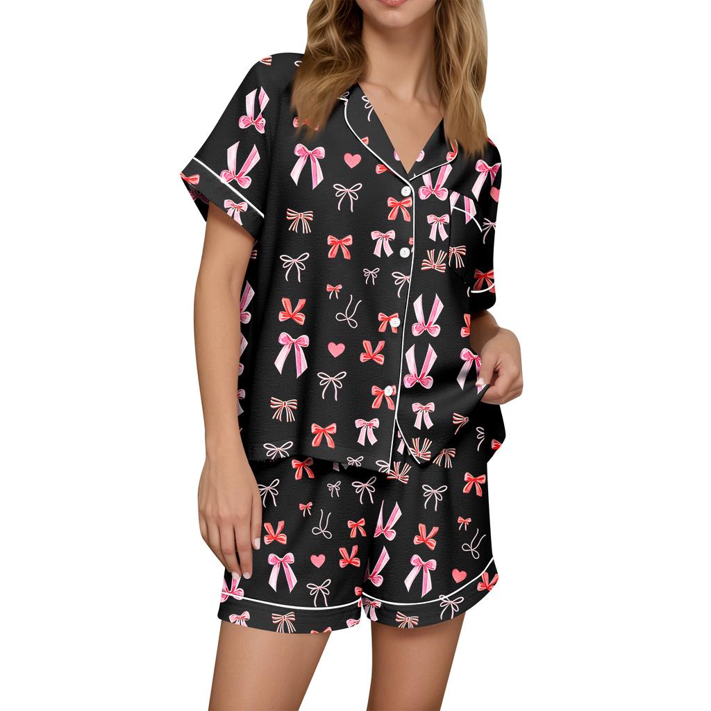 Damen Casual Mode Weihnachts-Print Kurzärmeliges Hausanzug-Set mit Knopfleiste, Kurzarm-T-Shirt und Shorts
