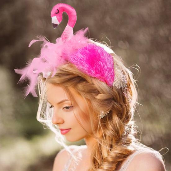 Women Headband 3D Flamingo Design Pink Feather Soft Velvet Fabric Hair Hoop Summer Beach Festival Party Hair Accessory