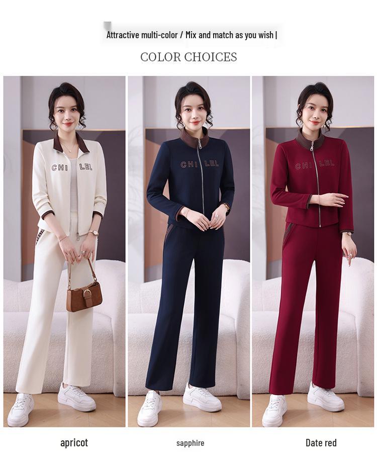 Spring 2026 Women's Color Block Stand Collar Sportswear Set with Embroidery and Hot Drilling - Two Piece Casual Fashion for Moms