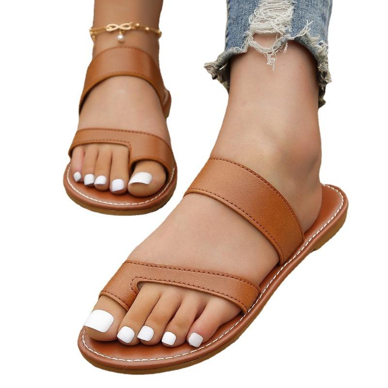 Large Size Slippers Women Summer Solid Color Round Head Set Toe Outer Wear Casual Flat Sandal Mop