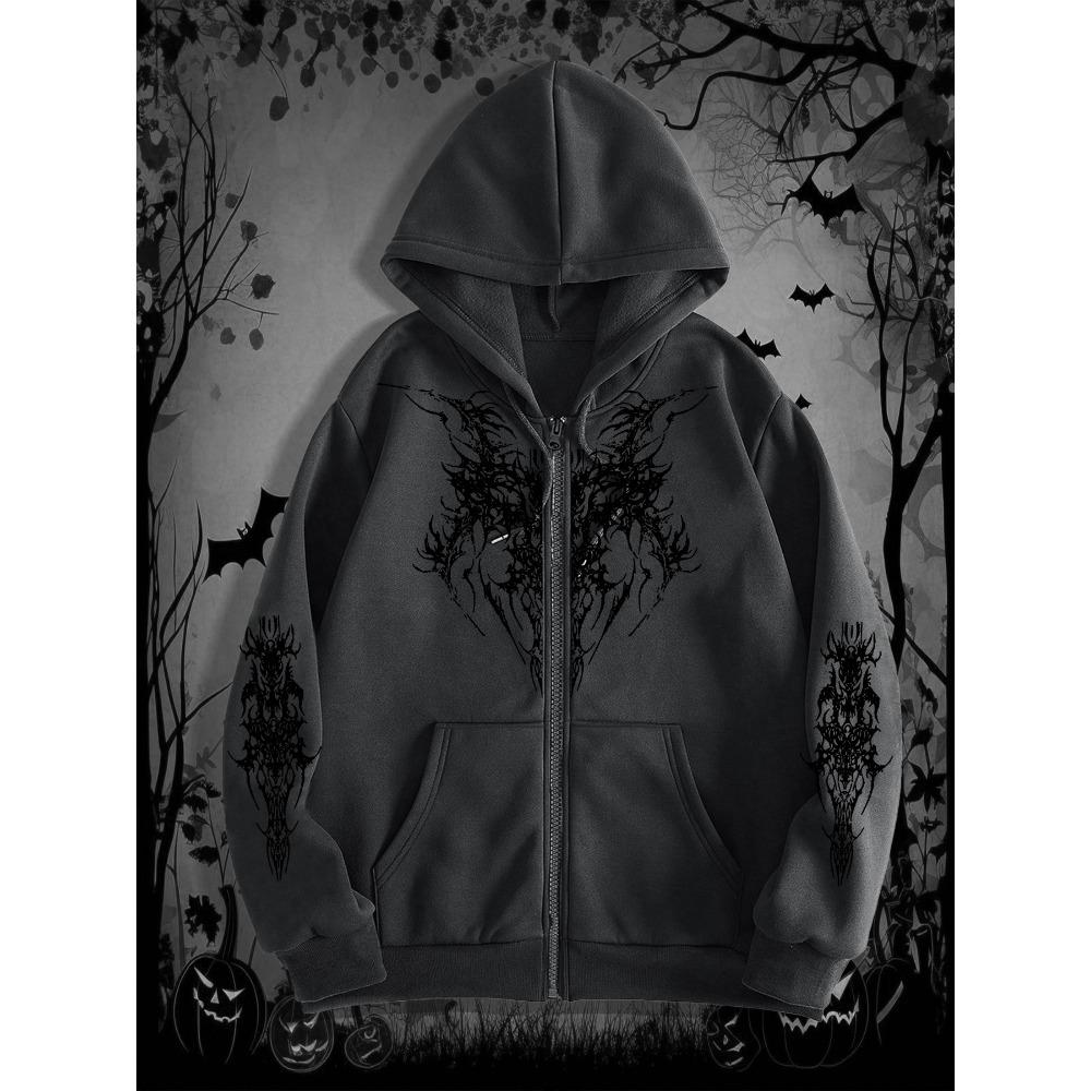 Pánská gotická tmavá mikina s potiskem a zipem, ideální pro ležérní streetové oblečení, skvělá pro trendy outfity, nezbytnost pro Halloween