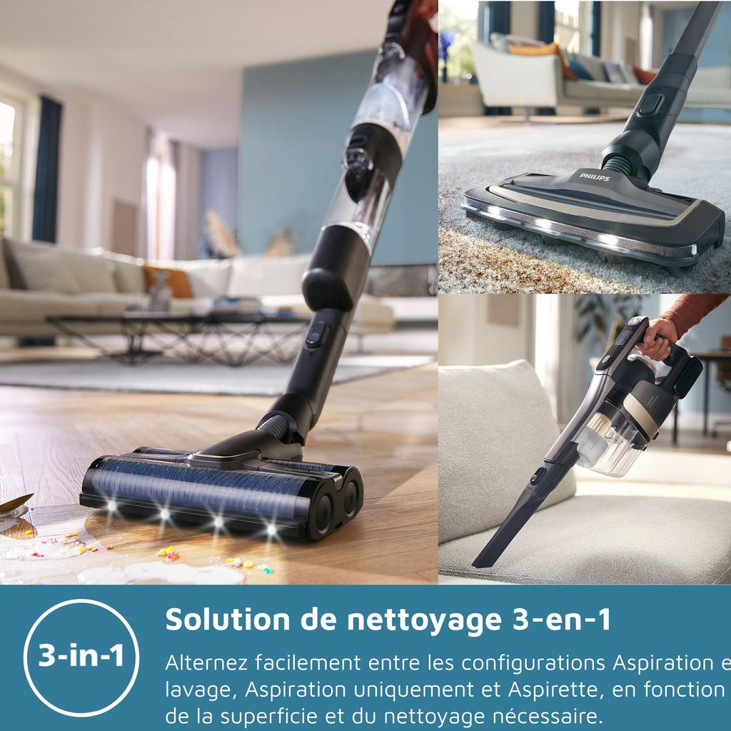 Aspirateur balai laveur 3-en-1 - PHILIPS - XW7264/11 - Série 7000 - PowerCyclone Aqua - 2500 tours/min - Noir &amp; Jaune