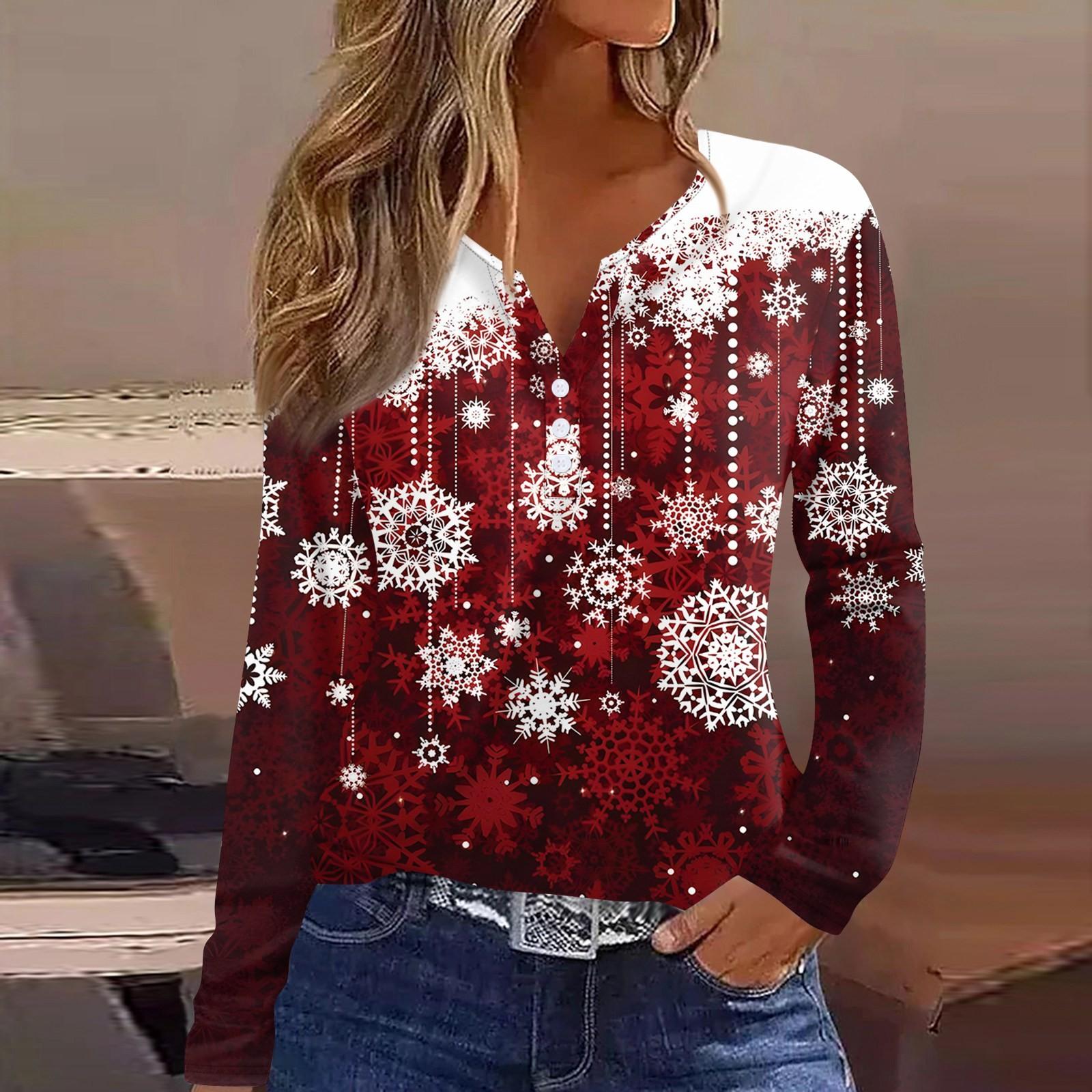 

Женская футболка с рождественским принтом на пуговицах с длинным рукавом, повседневная, выходного дня, модная, базовая, с V-образным вырезом, обычная L