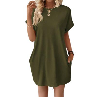 Damen-Sommerkleid, reine Farbe, Rundhalsausschnitt, kurze Ärmel, lockere Seitentaschen, lässig, atmungsaktiv, weich, tägliches Pendeln, Büro, Dating, Minikleid