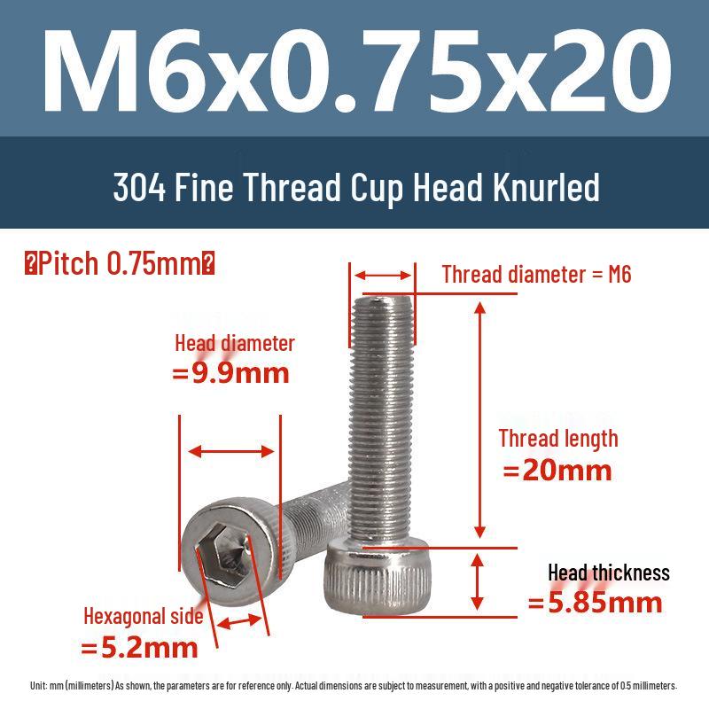 Yigu Fine Thread Knurled Socket Head Screws, 304 Stainless Steel, M3-M12