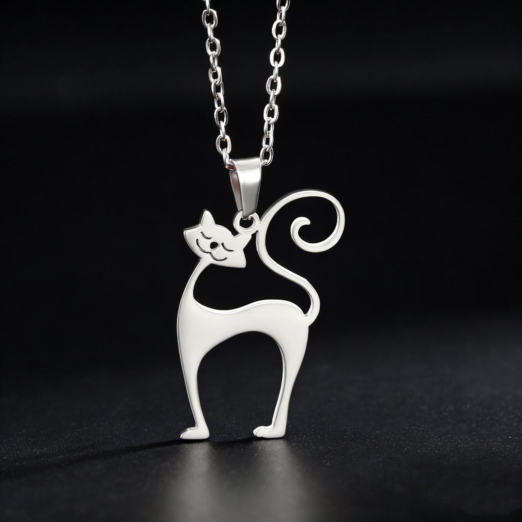 Cute Cat Pendant Necklace, Stainless Steel Minimalist Pet Jewelry, Dainty Chain Gift for Cat Lovers Women
