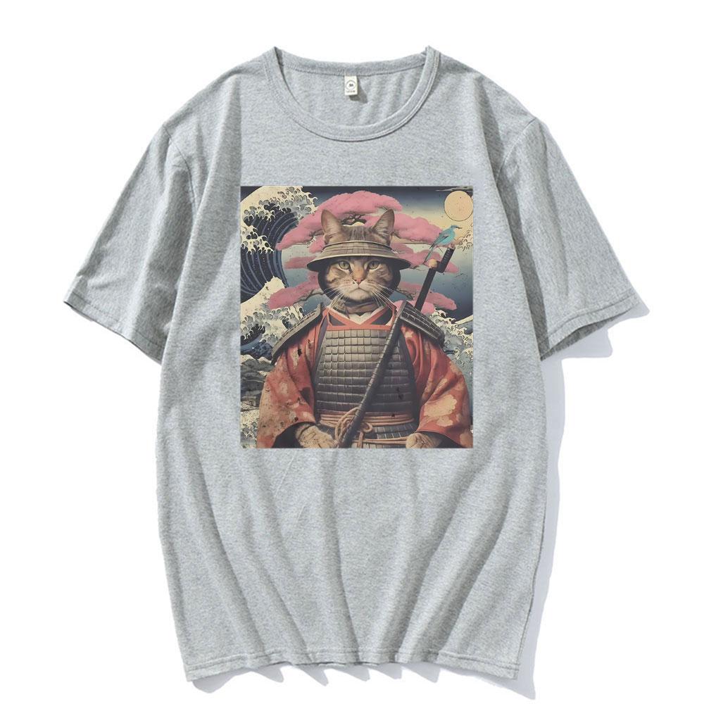 Cat Samurai Pattern T Shirt For Unisex Trendy Animal 3D Printed Tees Casual Short Sleeve Oversized Street TShirts Round Neck Tops