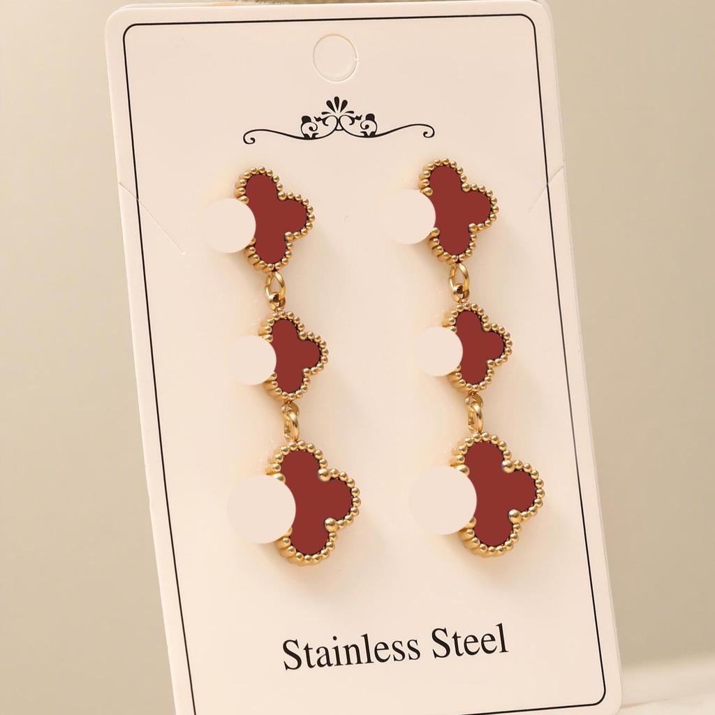 High-End Four-Leaf Clover Tassel Stud Earrings - Stainless Steel, Light Luxury Design