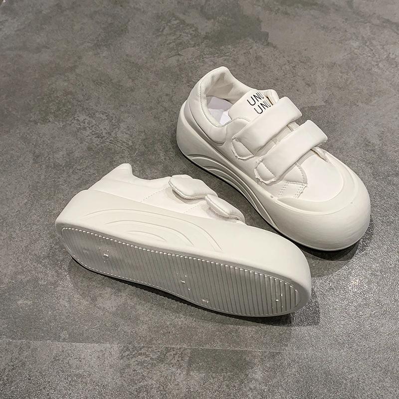 Fashion Cloudlike Thick Bottom Platform Slip-ons Women's Fashion Sneakers Spring 2025 Magic Tape Round Toe High Heel Korean Sle