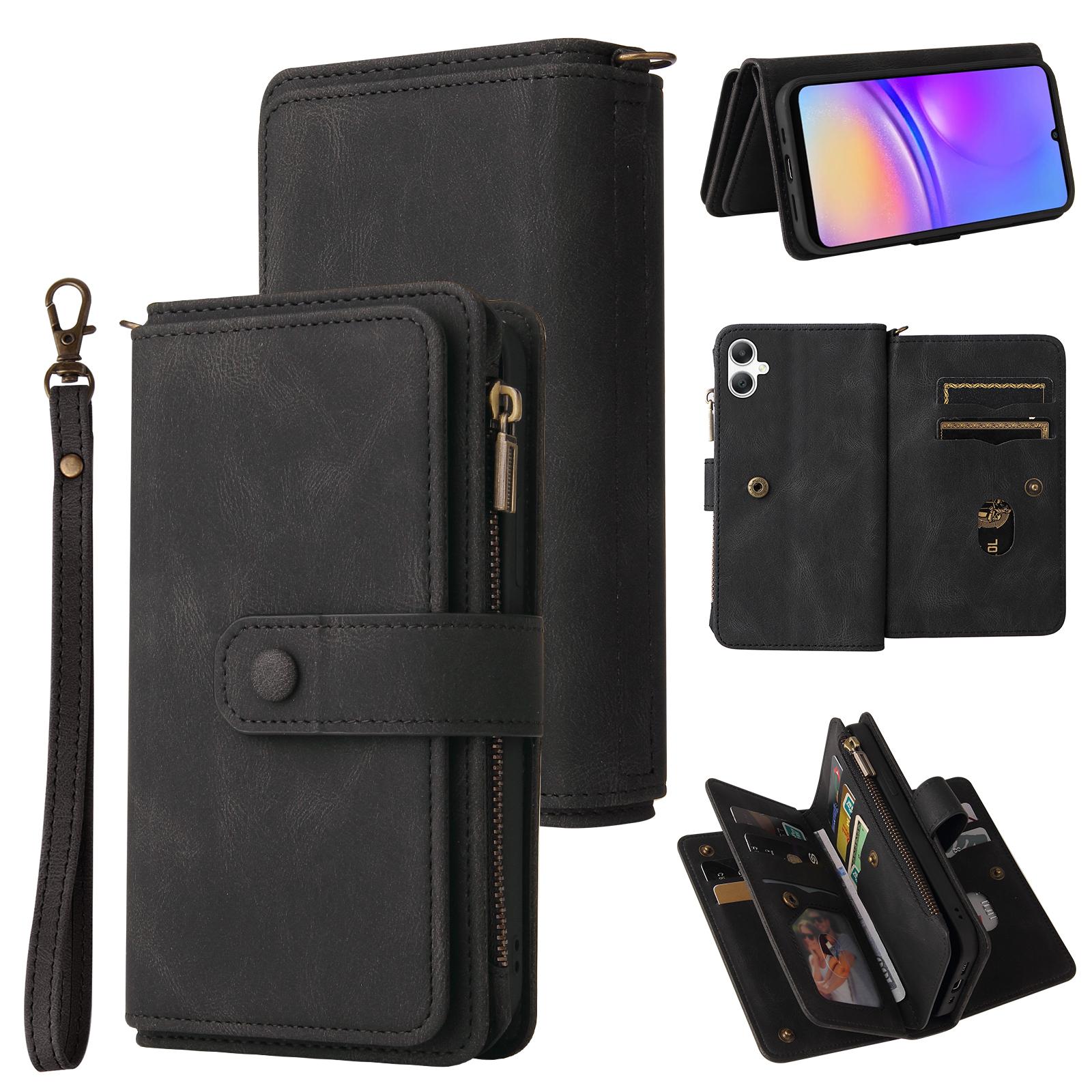 

For Samsung Galaxy A06 5G/Galaxy A06 4G Zipper Wallet Case with 15 Card Slots and Strap Leather Phone Cover Black