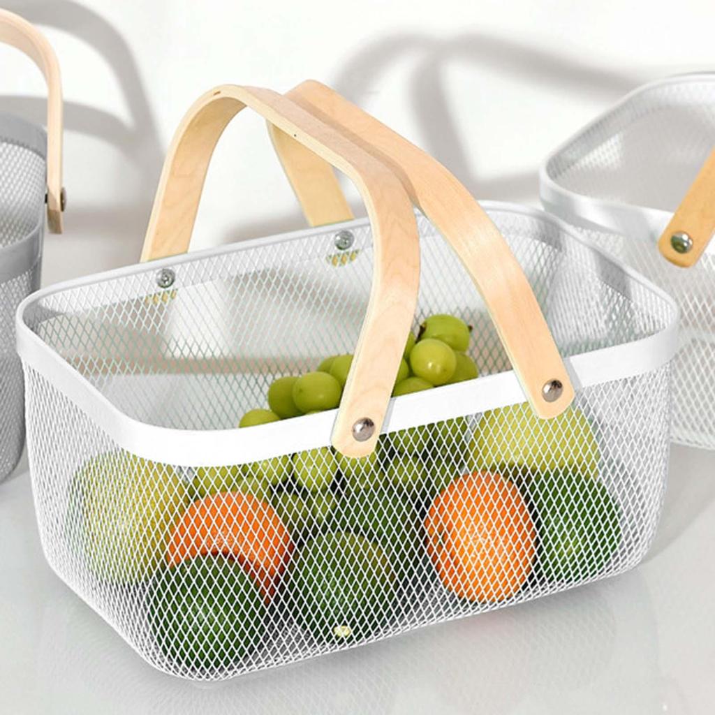 Panier de Rangement Pique-nique Poignées en Bois pour Sortie Randonnée Fruits Légumes Blanc