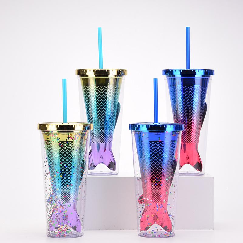 Double Layer Plastic Cup Creative Gradual Change Mermaid Tail Straw Cup Appearance Electroplating Color Sequined Water Cup