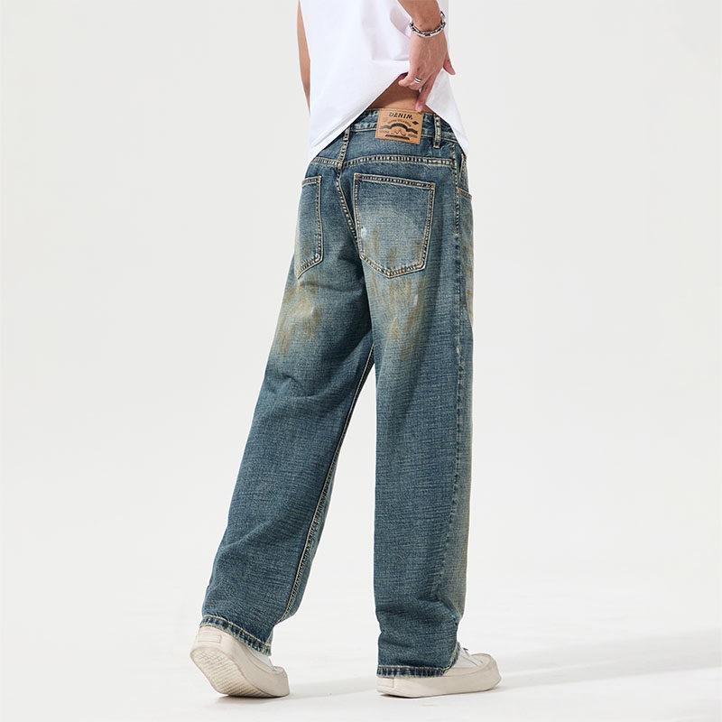 

Новые весенние джинсы Классический горизонтальный бамбуковый узор Свободные прямые широкие штанины Грязные брюки 4XL синий