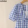 VONDA Women Patchwork Lace V Neck Puff Sleeve Plaid Print Casual Ruffled Dress