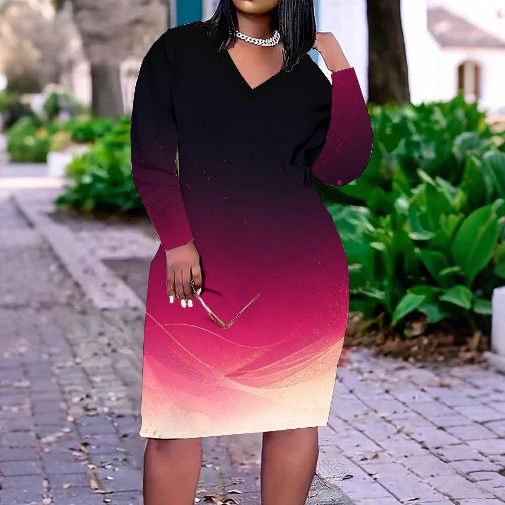 Damen Übergröße V-Ausschnitt Langarm Bedrucktes Figurbetontes Midi-Kleid Schwarz Rosa Farbverlauf