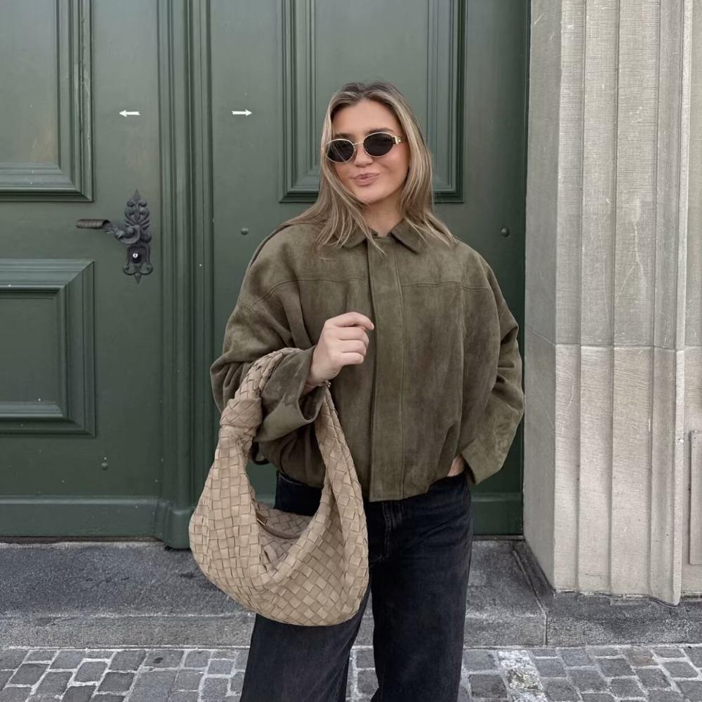 VAYLA Jaqueta Feminina de Camurça Casaco Bomber Casual Solto Lapela Zíper Mangas Compridas Jaquetas Vintage Senhora Motocicleta Agasalhos