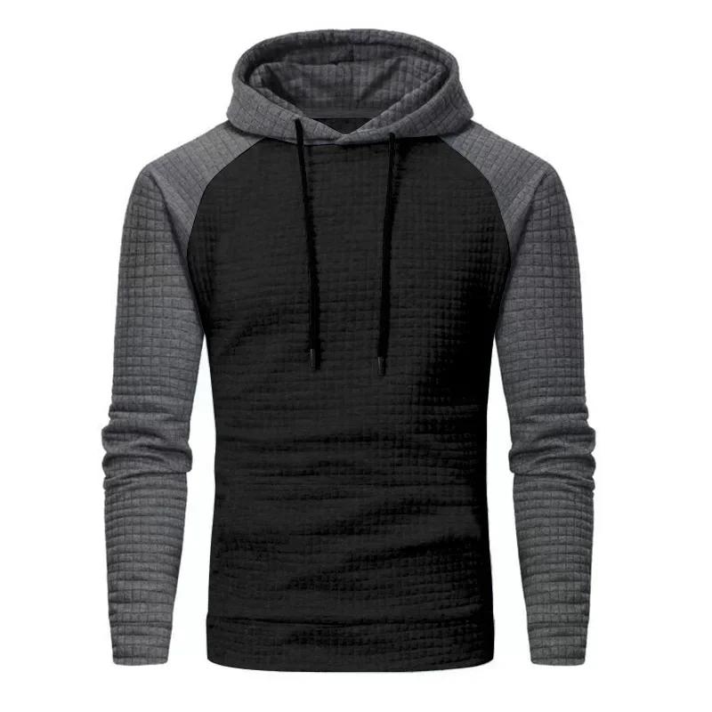 Men's Casual Patchwork Color Small Square Grid Hoodie Slim Fit Top Winter Round Neck Sweatshirts