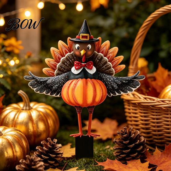 Retro Autumn Garden Accents Thanksgiving Turkey Stake, Wizard Hat with Pumpkin Lawn Ornament, Outdoor Yard Decorations Waterproof Acrylic Welcome Sign