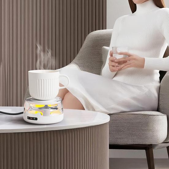 Încălzitor pentru cană de cafea, suport cu temperatură reglabilă și lumină ambientală, încălzitor portabil pentru băuturi, oprire automată, bază antiderapantă, suport încălzit pentru cană