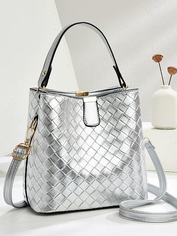 

Women s Metallic Woven Bucket Bag, PU Leather Top Handle Tote with Gold Hardware, Detachable Crossbody Shoulder Purse срібний