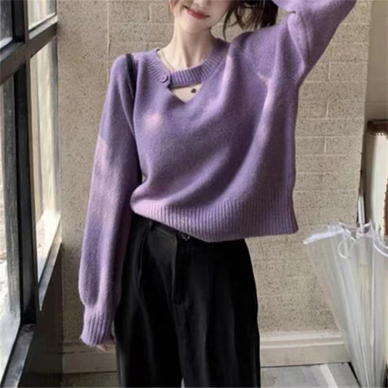 Solid Color Round Neck Knitted Sweater for Women Pullover Knitted Sweater Loose Top for Women